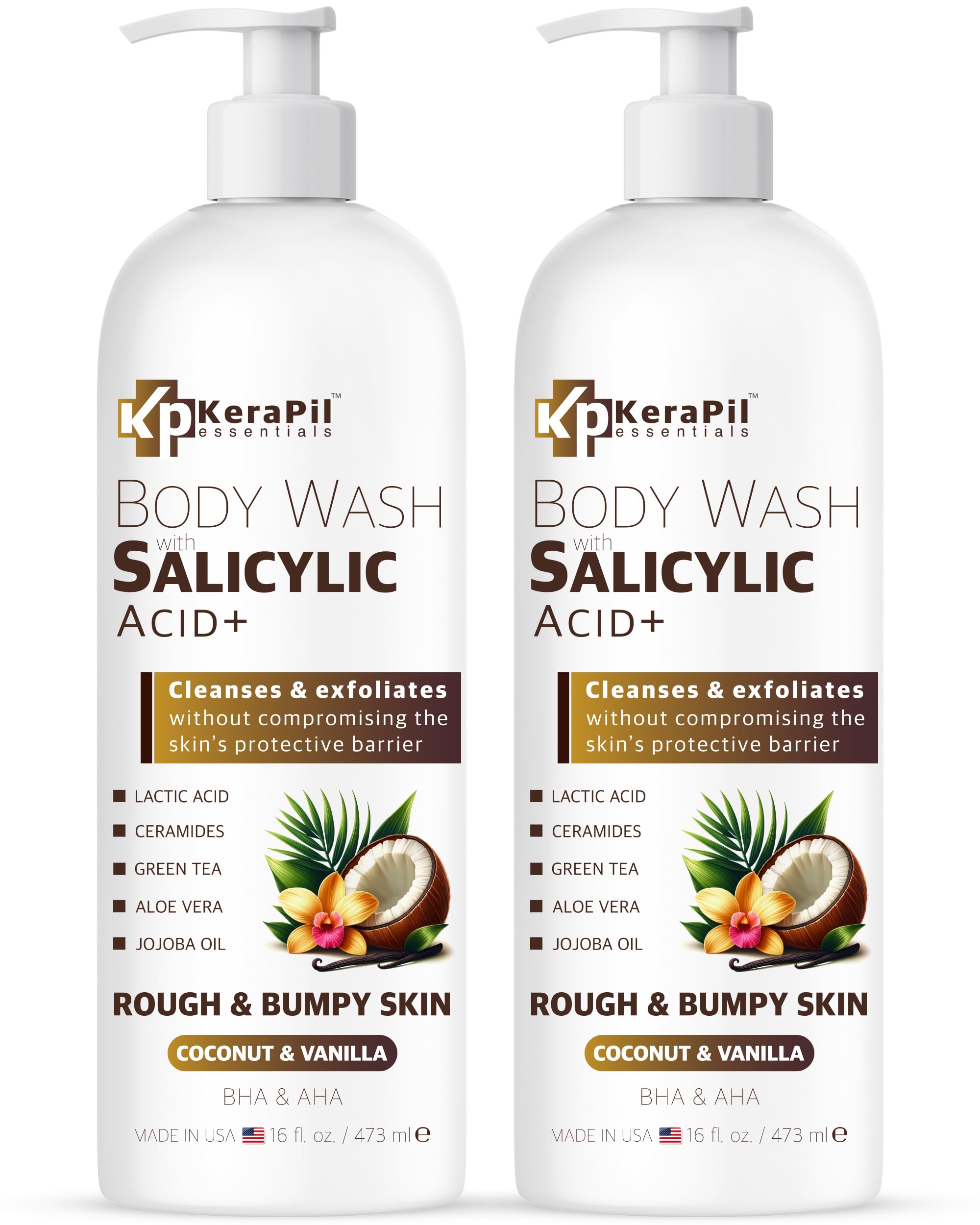 KERAPIL Exfoliating Body Wash with Salicylic Acid - No Dry Out, Gentle Exfoliates Rough and Bumpy Skin, Body Acne Wash, BHA & AHA - Coconut and Vanilla Salicylic Acid Body Wash - (16 fl oz x 2)